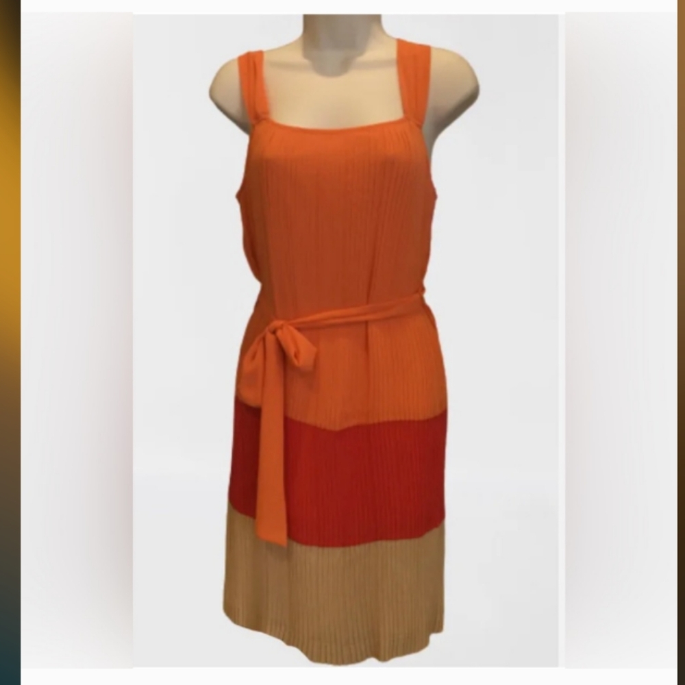 DANA BUCHMAN Pleated Sheath DRESS Size 12 Orange Red/Coral Tan Colorblock